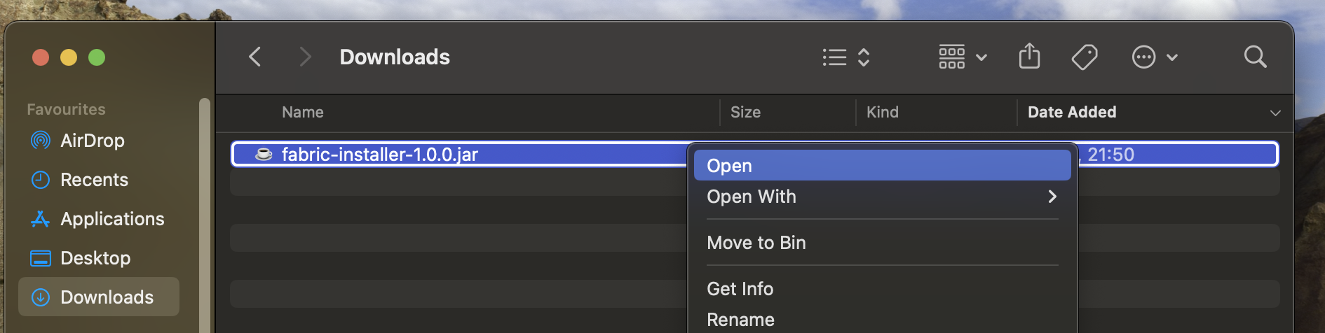 Menu de contexto do macOS no Instalador do Fabric