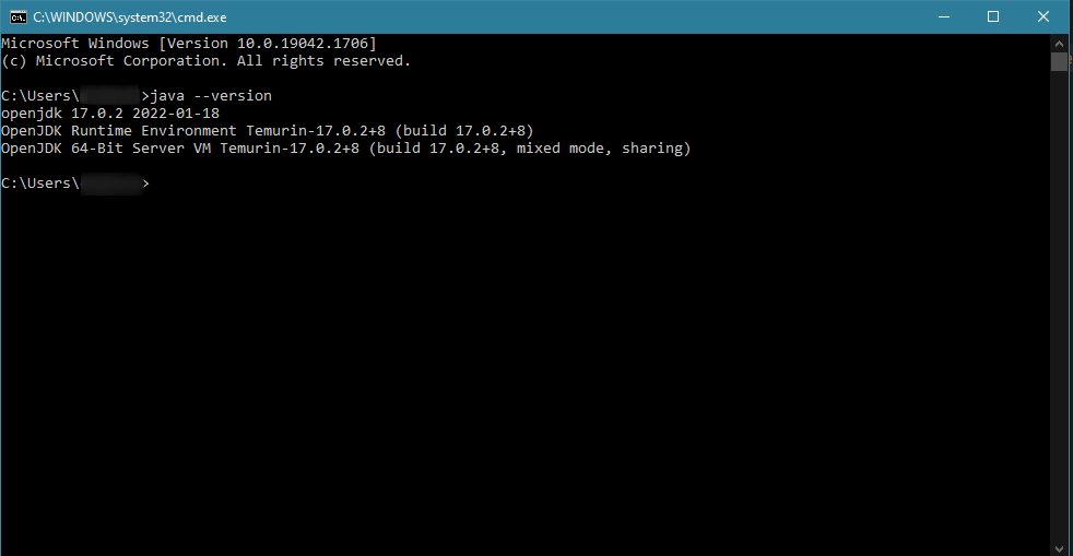 Command prompt with "java -version" typed in